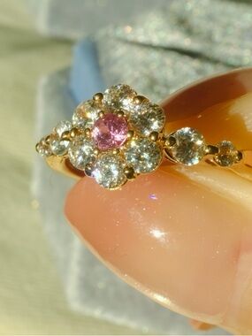 Vintage K18 Rose Gold Pink Sapphire Diamond Flower Ring | US 6.5